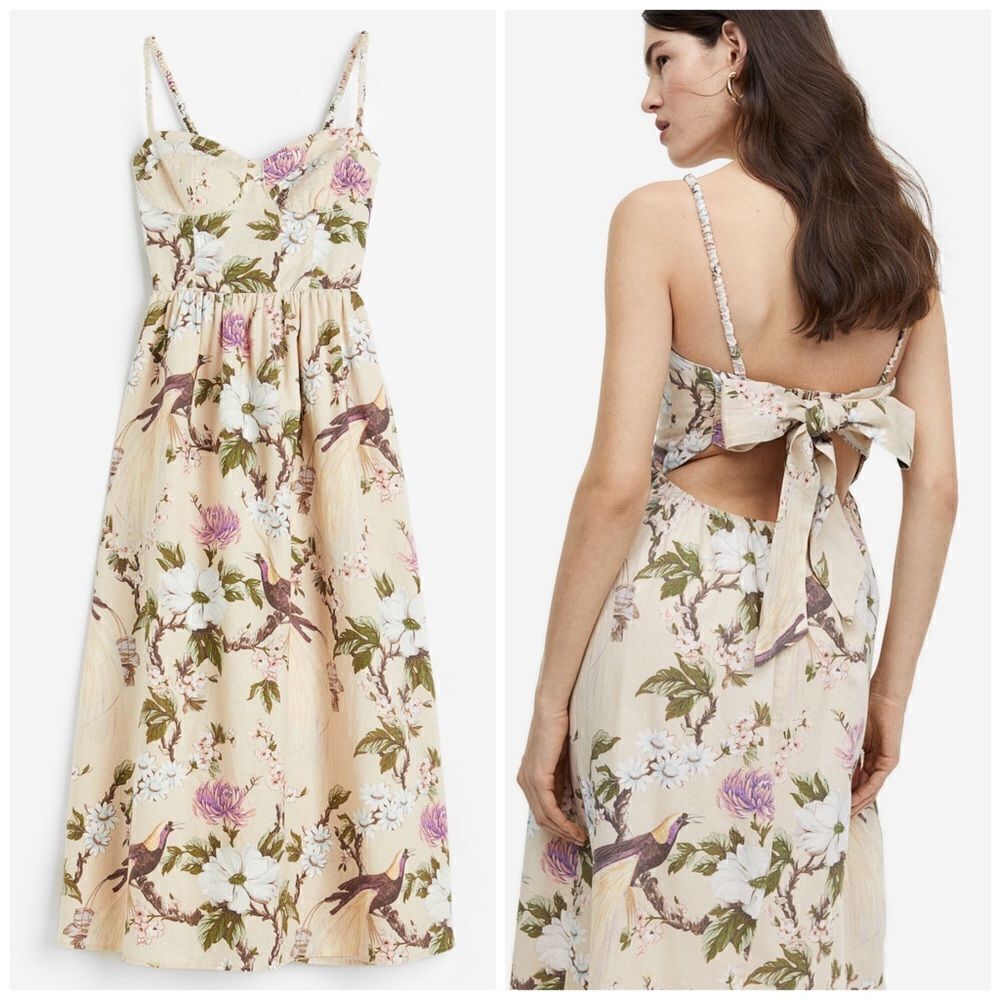 H&M Linen-blend Bow-detail Dress NEW